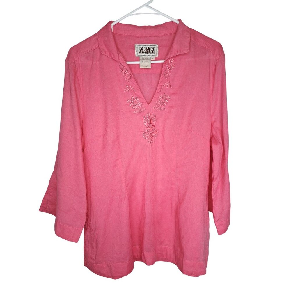 AMX Women's Linen Split Neck Side Zip Long Sleeve Tunic Top, Size: Large Pink